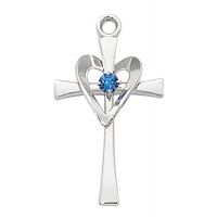 Sterling Silver Cross W/blue Stone & Heart/Rhodium Plated Chain