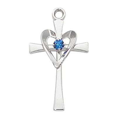 Sterling Silver Cross W/blue Stone & Heart/Rhodium Plated Chain - 735365497553 - L9177