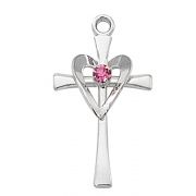 Sterling Silver Cross W/rose Stone & Heart w/Chain