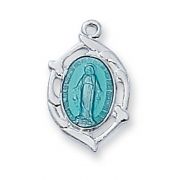 Sterling Silver Miraculous Blue Medal 16 inch Chain