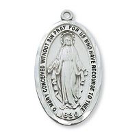Sterling Silver 1 1/2 inch Miraculous Medal 24 inch Necklace Chain