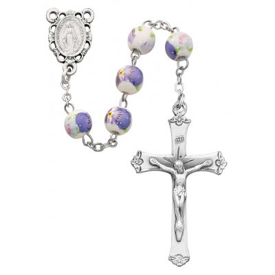 8mm Ceramic Flower Rosary w/Silver Oxide Crucifix/Center - 735365475995 - P219R