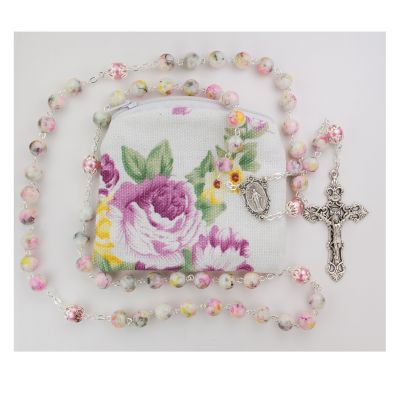 8mm Marbeline Bead With Pink Caps Rosary - 735365512560 - P254RP