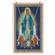Miraculous Prayer Card Set Pewter Metal Silvertone Chain