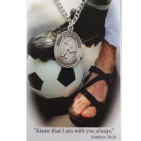 Boys Soccer Catholic Prayer Card Set Pewter Metal Silvertone Chain Cord