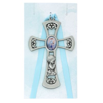 3-3/4 inch Guardian Angel Boy Blue Cross/Ribbon 735365596638 - PW10-B