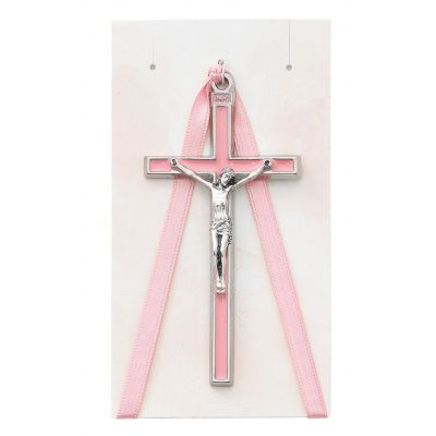 3.75 In. Silver Oxidized Pink Enamel Crib Crucifix w/Pink Ribbon 2Pk - 735365497782 - PW20