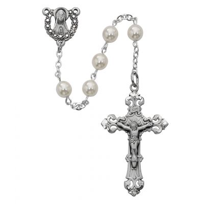 Sterling Silver 6mm Pearl Rosary w/Crucifix/Center - 735365597970 - R274LF