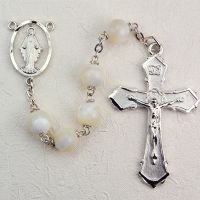 8mm Mother Of Pearl Rosary Rhodium Crucifix/Miraculous Medal