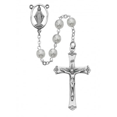 7mm White Glass Pearl Rosary w/Silver Oxide Crucifix/Center - 735365597918 - R276RF
