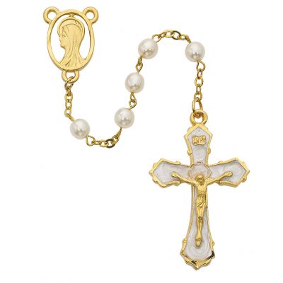 6mm Gold Plate Pearl Rosary w/Crucifix/Center - 735365597932 - R278HF