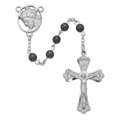 6mm Hematite Rosary w/Rhodium Crucifix/Center - 735365597949 - R279RF