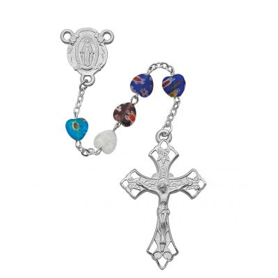 8x8mm Multi Murano Heart Rosary w/Rhodium Crucifix/Center - 735365670611 - R322RF