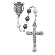 7mm Blue & White Pearl Rosary w/Pewter Crucifix/Center