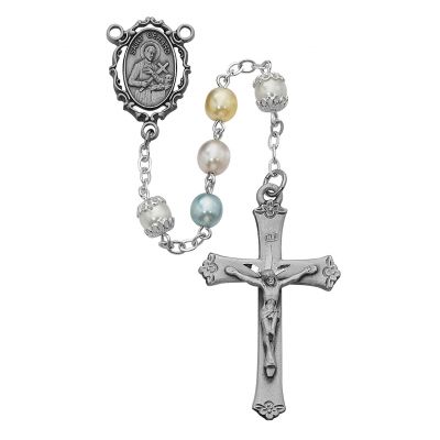 7mm Multi Pearl Rosary w/Pewter Crucifix/St Gerard Center - 735365091485 - R420DF
