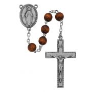 7mm Brown Wood Rosary Pewter Crucifix/Miraculous Medal