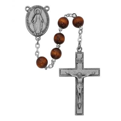 7mm Brown Wood Rosary Pewter Crucifix/Miraculous Medal - 735365269181 - R435F