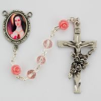 6mm Pink Rosary w/Pewter Crucifix/Photo Saint Therese Center