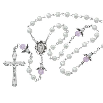 5mm White Pearl/Pink Angel Rosary - 735365492183 - R553RW