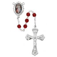 Red Divine Mercy Rosary/Rhodium Plated Pewter Crucifix And Center