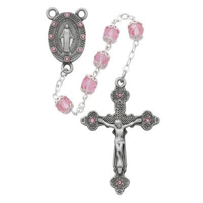 Pewter Cap Pink Stone Rosary/boxed - 735365495252 - R606DF