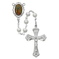 Pearl Rosary/Rhodium Crucifix & Lady Of Guadalupe Decal Center