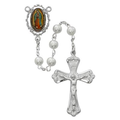 Pearl Rosary/Rhodium Crucifix & Lady Of Guadalupe Decal Center - 735365498000 - R615RF