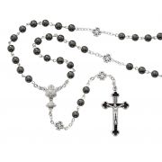 6mm Hematite Communion Rosary w/Black Enameled Crucifix