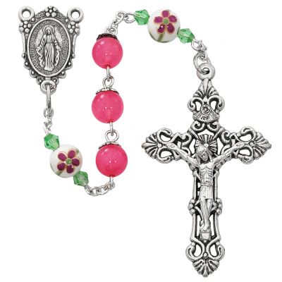 Pink & Ceramic Bead Flower Rosary - 735365515929 - R704DF