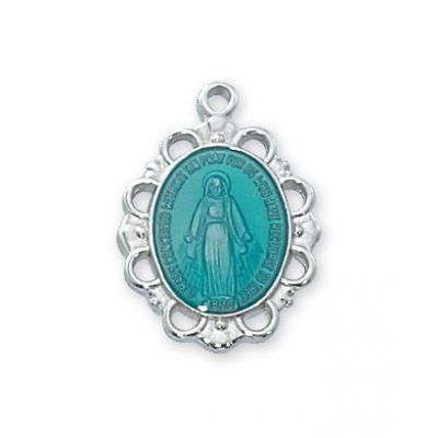 Rhodium Blue Enamel Miraculous Medal w/18 inch Chain 735365563913 - RC576