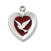 Rhodium Finish Red Enamel Heart w/Dove 18 inch