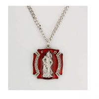 Pewter Red Saint Florian Medal With 24" Silver Tone Chain 2Pk
