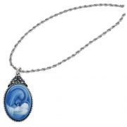 Rhodium Plated Mother & Child Cameo Pendant/Rope Chain