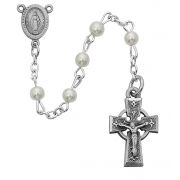 5mm Pearl Rosary Pewter Celtic Crucifix/Center