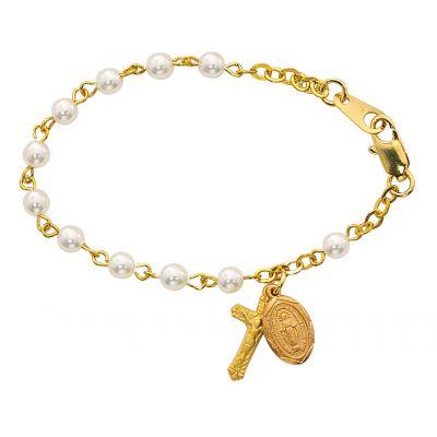 Gold Pearl Bracelet Silver Crucifix/Miraculous Medal w/Gift Box - 735365549498 - B28J
