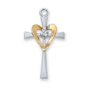 Sterling Silver 1in. Cross w/Gold Heart 18 inch Chain