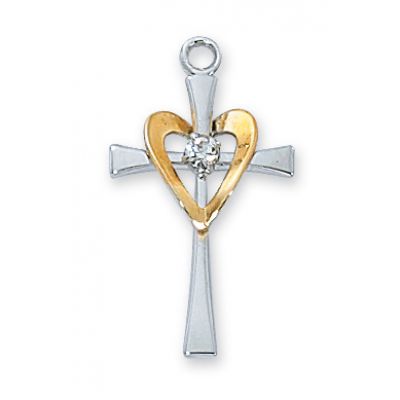 Sterling Silver 1in. Cross w/Gold Heart 18 inch Chain - 735365596652 - L9117
