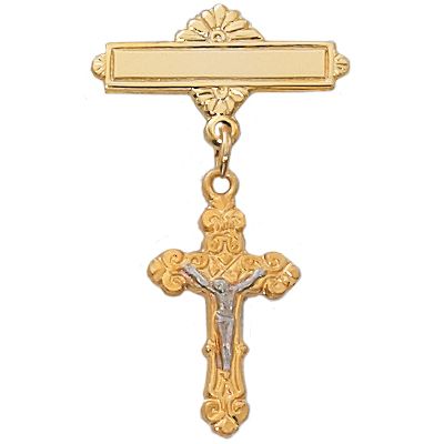Gold Plated Sterling Silver Crucifix Rhodium Finish Baby Lapel Pin - 735365578702 - 429J