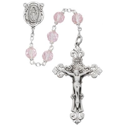 Sterling Silver 7mm Pink Tincut Bead Rosary - 735365316656 - R479LF