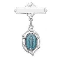 Sterling Silver Blue Miraculous Medal Rhodium Plated Baby Pin