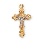 Gold Plated Sterling Silver Two Tone Crucifix w/Brite Necklace