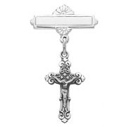 Sterling Silver Crucifix Baby Lapel Pin w/ White Ribbon