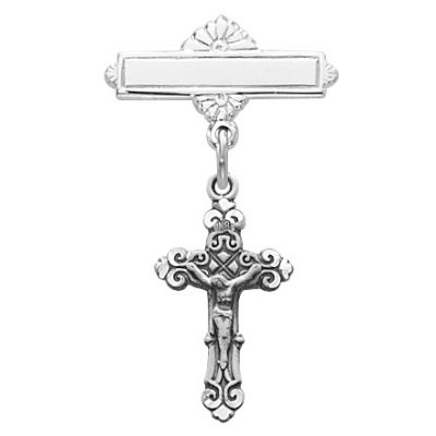 Sterling Silver Crucifix Baby Lapel Pin w/ White Ribbon - 735365561971 - 429L