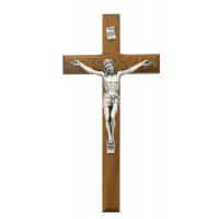 8 inch Beveled Walnut Wall Crucifix Silver Corpus Bagged