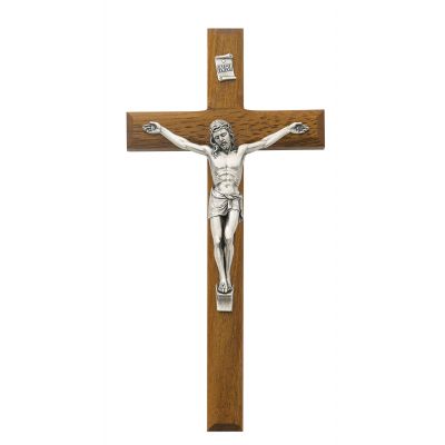 8 inch Beveled Walnut Wall Crucifix Silver Corpus Bagged - 735365551668 - 81-14