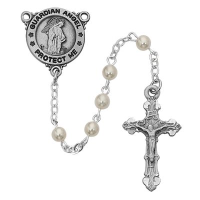 Pearl Guardian Angel Rosary w/Pewter Crucifix/Center - 735365778812 - R371DG