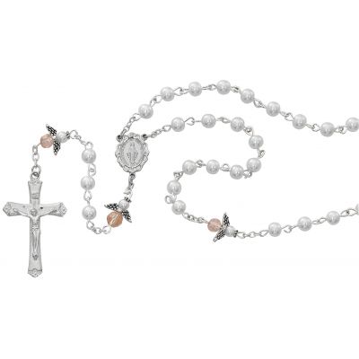 5mm White Pearl/pink Angel Rosary - 735365531097 - R553G