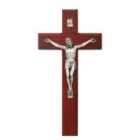 8 inch Beveled Cherry Wall Crucifix Silver Corpus