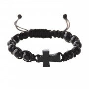 Black Corded Cross Bracelet With Brown Wood Cross