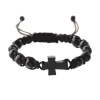 Black Corded Cross Bracelet With Brown Wood Cross Black Corded Cross Bracelet With Brown Wood Cross